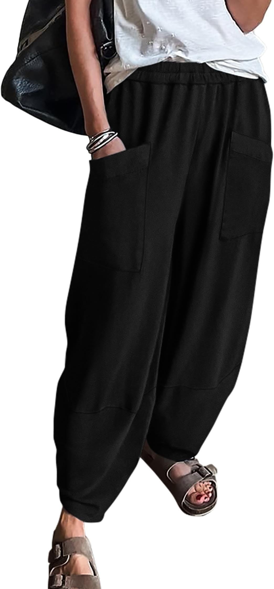 Women's Elastic Waist Loose Pockets Trousers