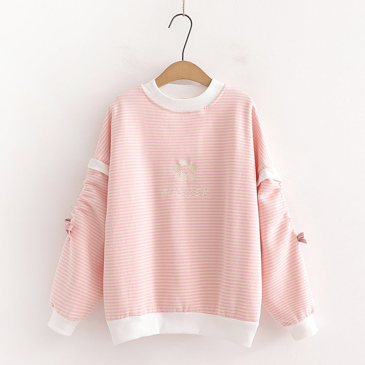 Simple, Small, Fresh, Long Sleeve And Velvet Striped Round Collar Sweater For Women