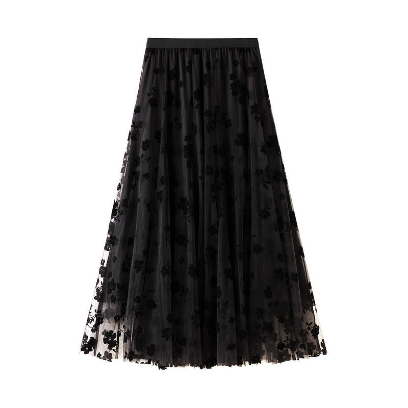 Thin Drape Pleated Skirt Flocking Mesh Skirt Women
