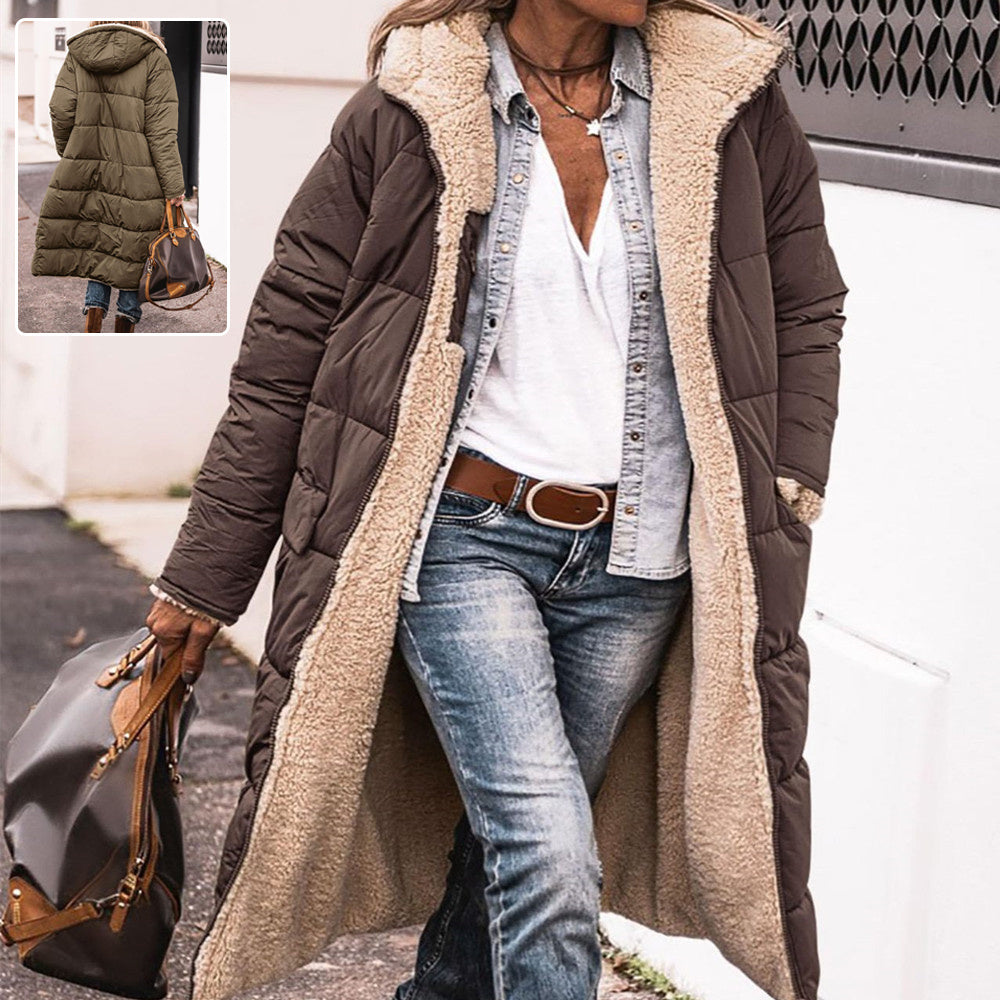 معطف طويل بغطاء للرأس بلون سادة للشتاء بأكمام طويلة وارتداء على الوجهين، سترة كارديجان أنيقة رفيعة، ملابس نسائية