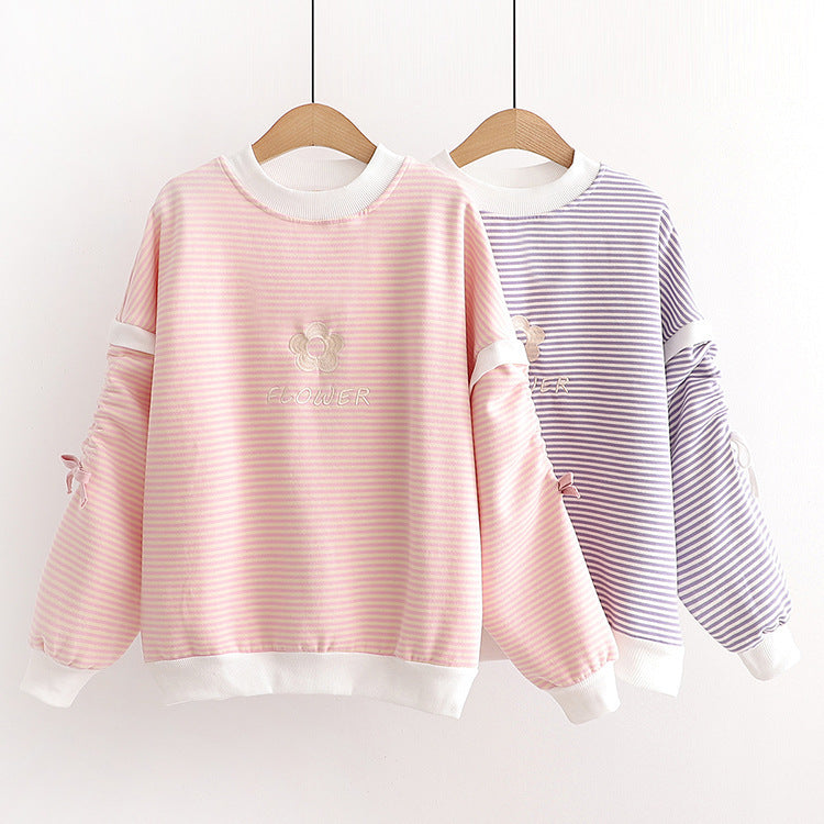 Simple, Small, Fresh, Long Sleeve And Velvet Striped Round Collar Sweater For Women