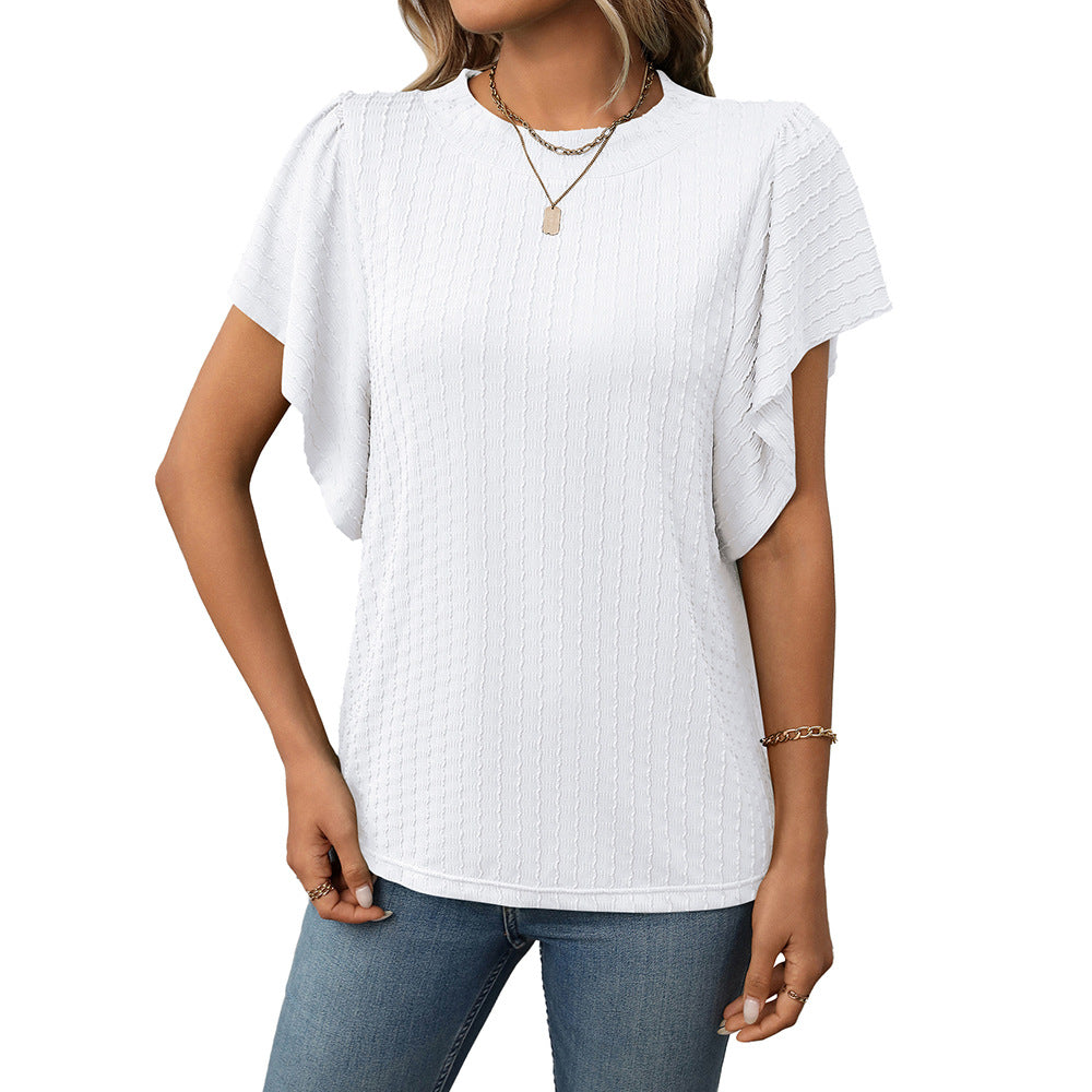 Women's Solid Color Round Neck Ruffle Sleeve Short Sleeve T-shirt Top