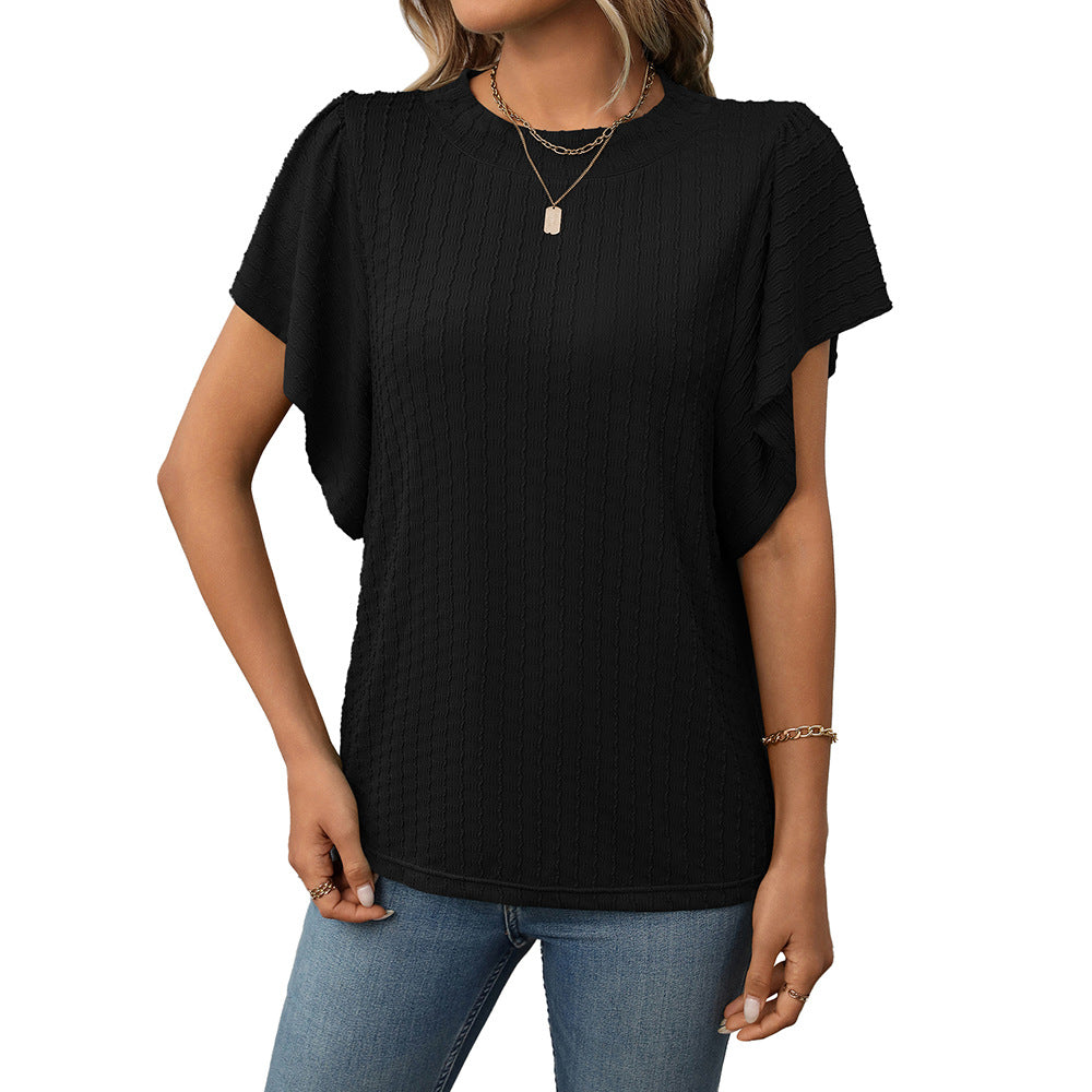 Women's Solid Color Round Neck Ruffle Sleeve Short Sleeve T-shirt Top