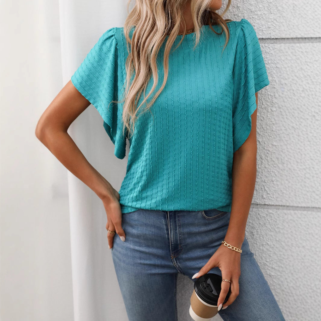 Women's Solid Color Round Neck Ruffle Sleeve Short Sleeve T-shirt Top