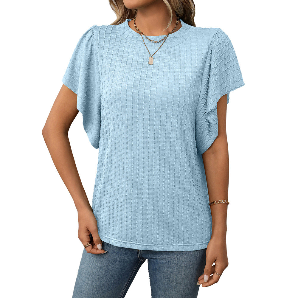 Women's Solid Color Round Neck Ruffle Sleeve Short Sleeve T-shirt Top