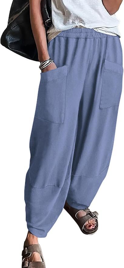 Women's Elastic Waist Loose Pockets Trousers
