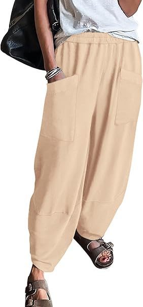 Women's Elastic Waist Loose Pockets Trousers