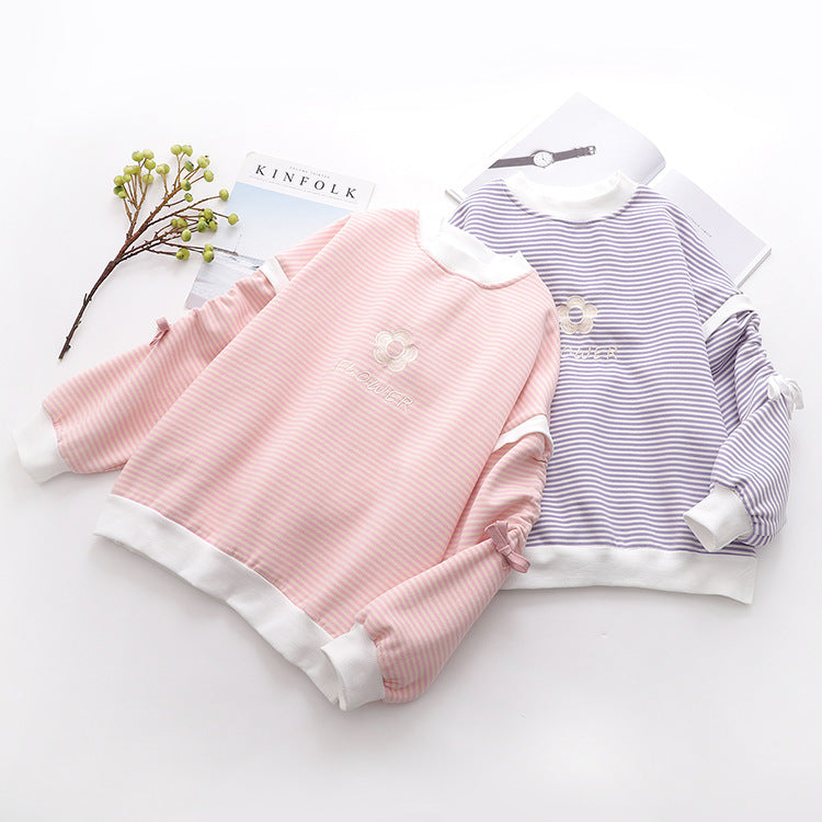 Simple, Small, Fresh, Long Sleeve And Velvet Striped Round Collar Sweater For Women