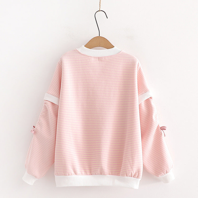 Simple, Small, Fresh, Long Sleeve And Velvet Striped Round Collar Sweater For Women