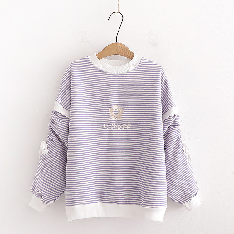 Simple, Small, Fresh, Long Sleeve And Velvet Striped Round Collar Sweater For Women