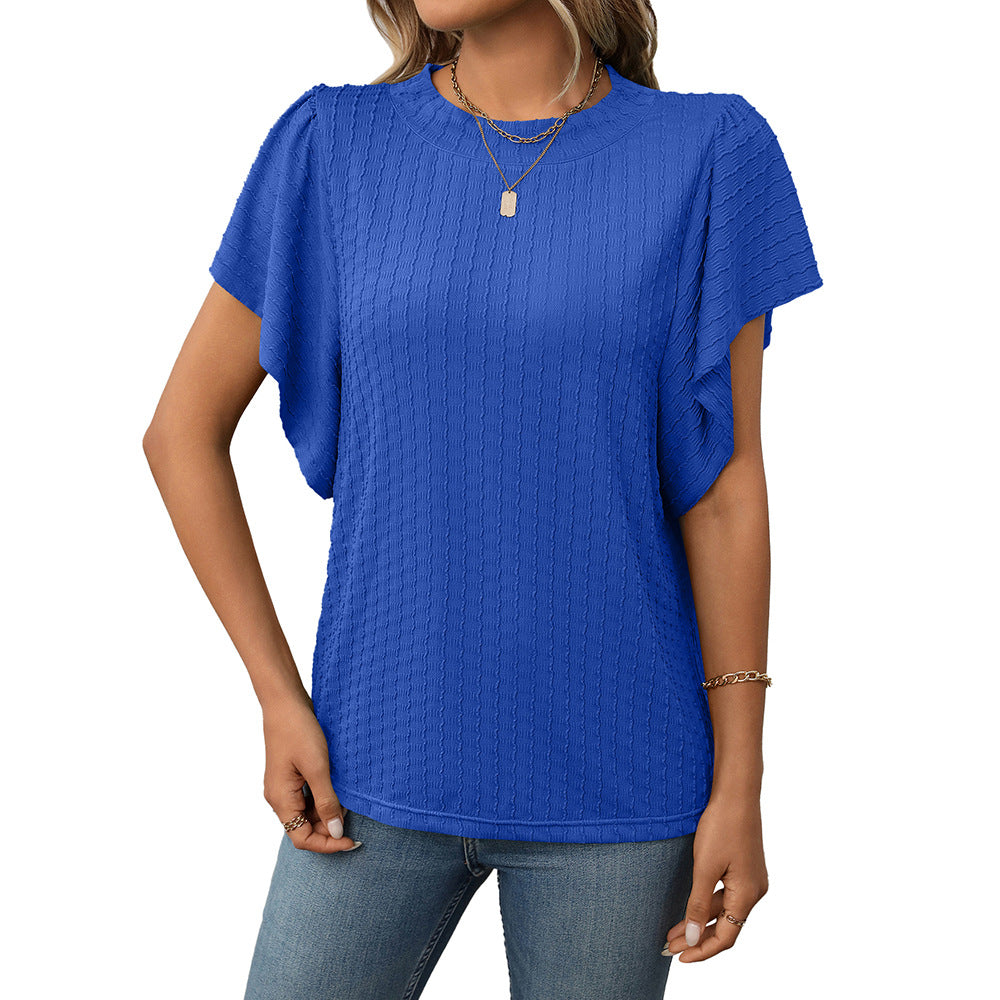 Women's Solid Color Round Neck Ruffle Sleeve Short Sleeve T-shirt Top