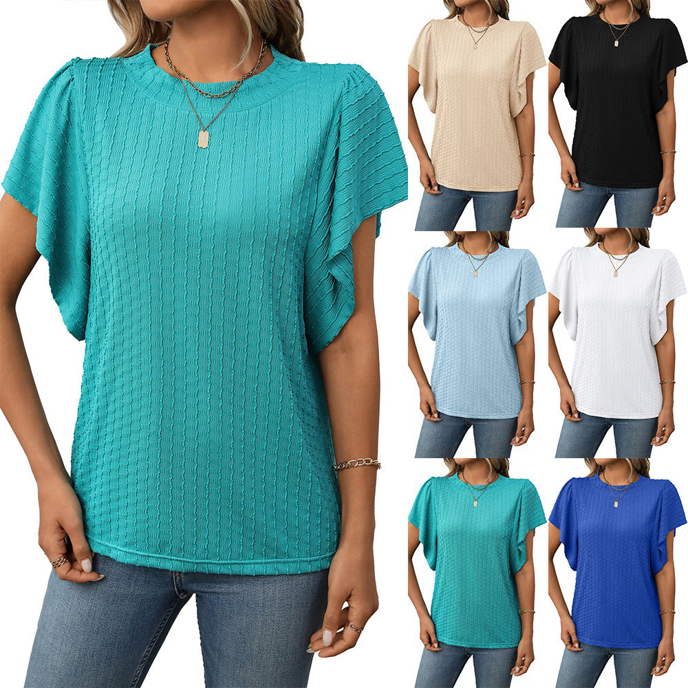 Women's Solid Color Round Neck Ruffle Sleeve Short Sleeve T-shirt Top