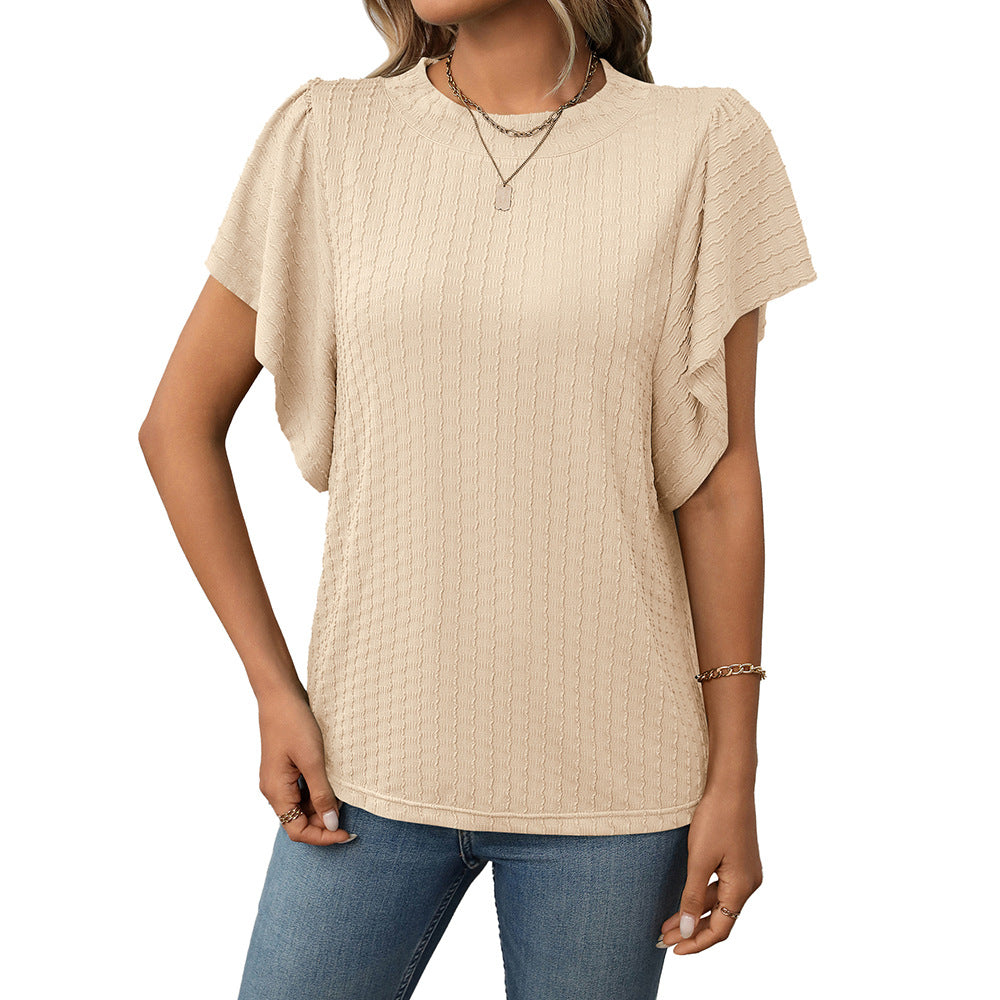 Women's Solid Color Round Neck Ruffle Sleeve Short Sleeve T-shirt Top