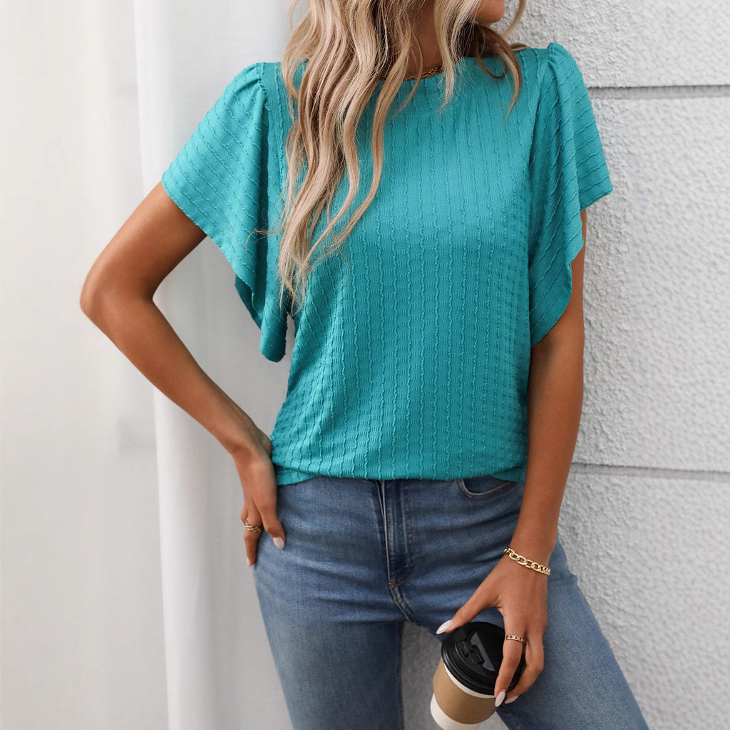 Women's Solid Color Round Neck Ruffle Sleeve Short Sleeve T-shirt Top
