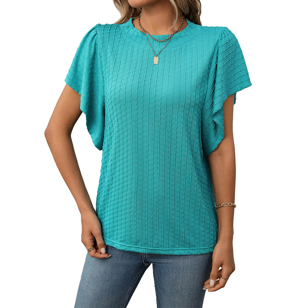 Women's Solid Color Round Neck Ruffle Sleeve Short Sleeve T-shirt Top