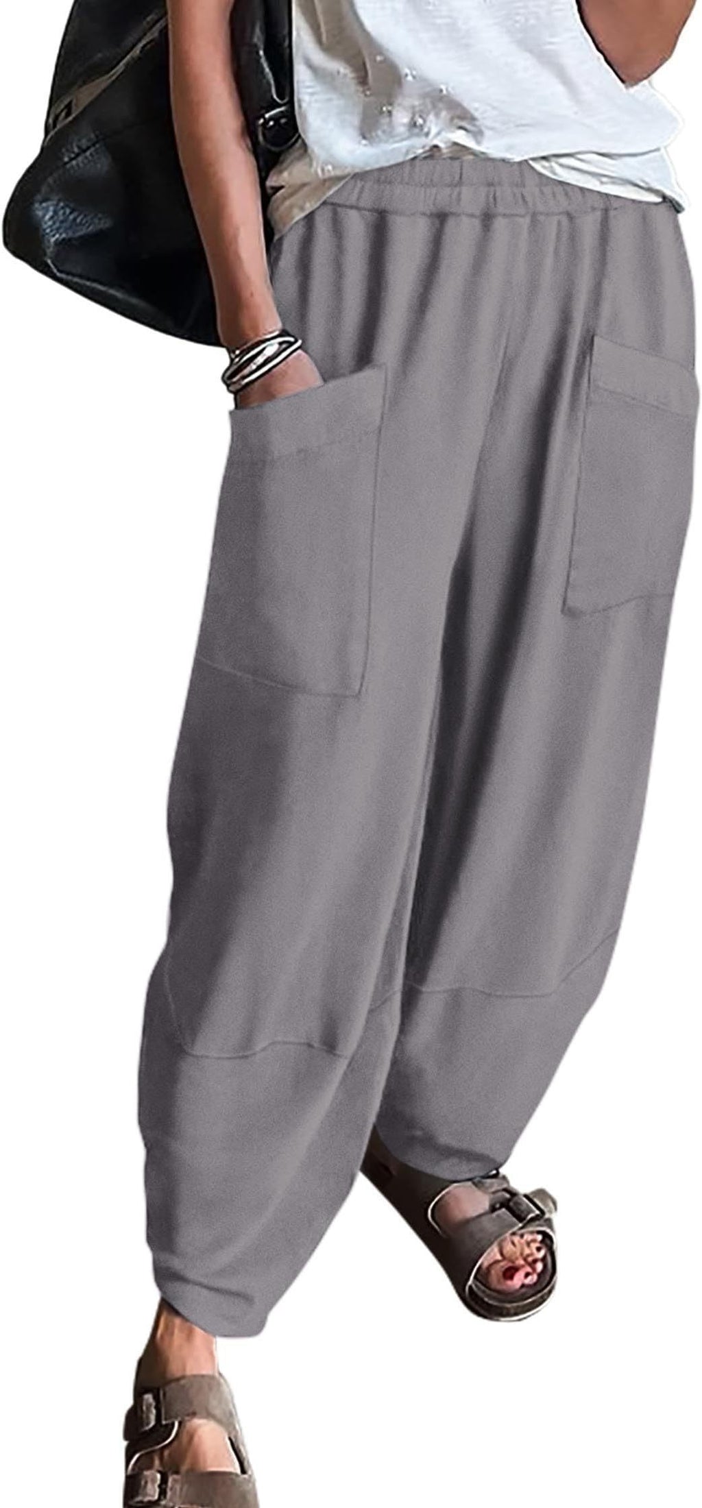 Women's Elastic Waist Loose Pockets Trousers