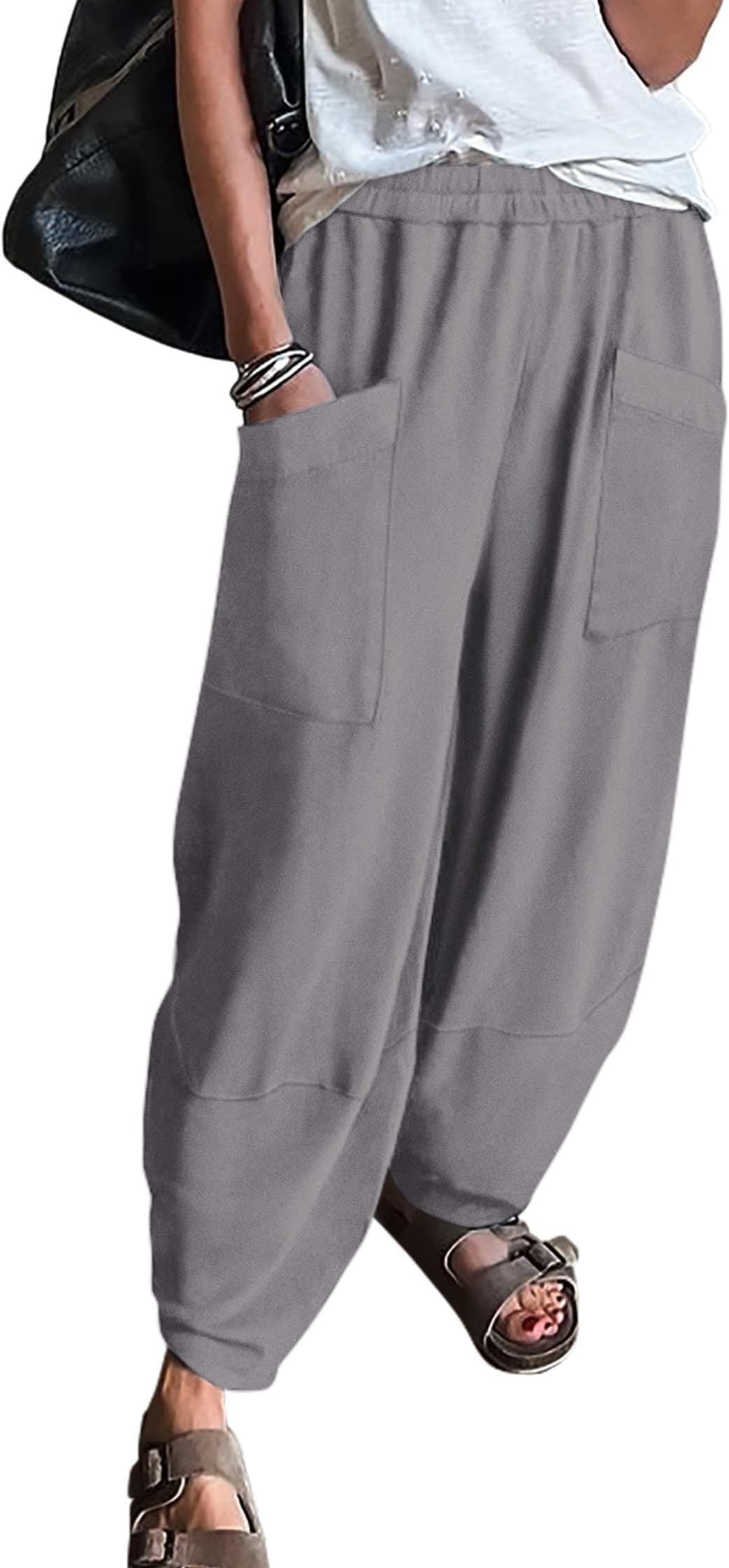 Women's Elastic Waist Loose Pockets Trousers