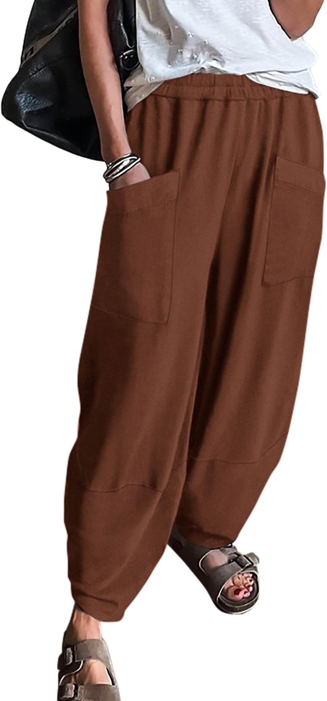 Women's Elastic Waist Loose Pockets Trousers