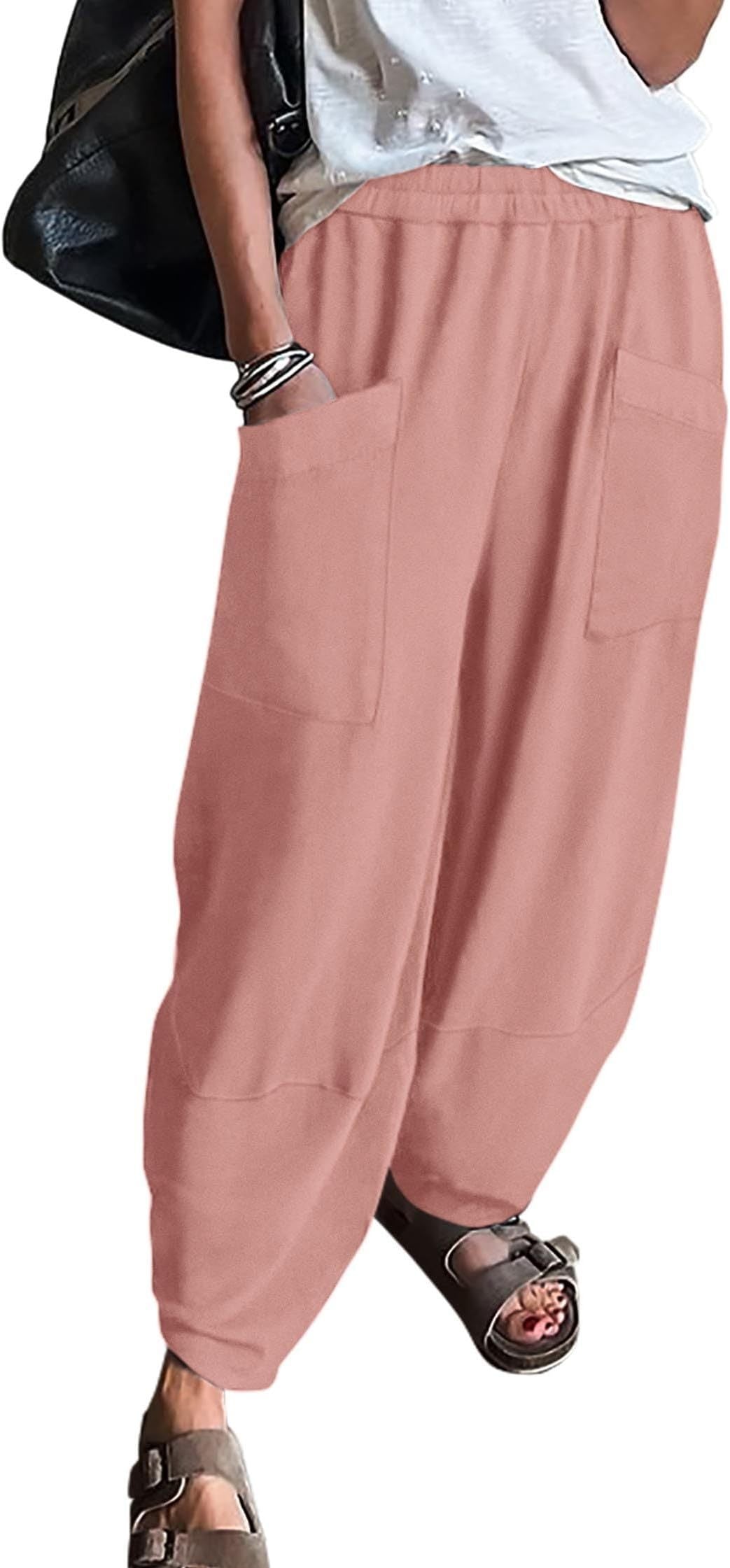 Women's Elastic Waist Loose Pockets Trousers