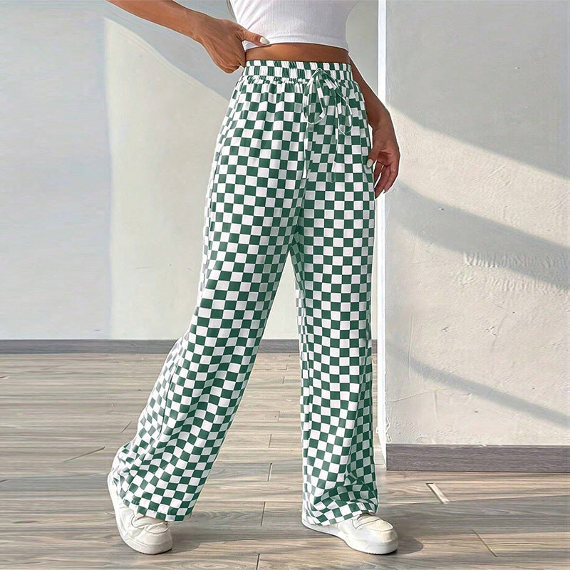 Chessboard Plaid Straight Polyester Wide-leg Pants